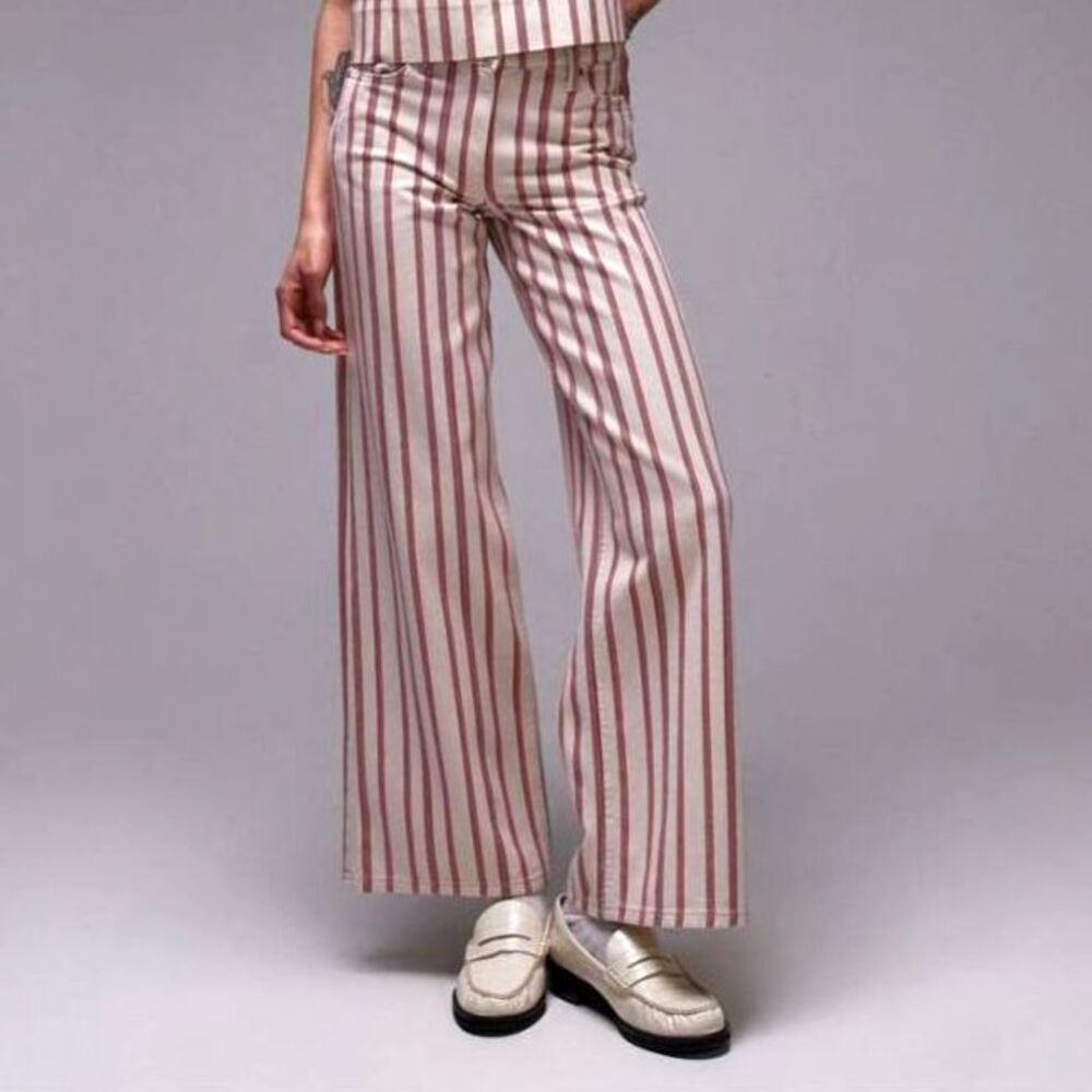 TopShop Stripe Mid Rise Wide Leg Jeans Red/White - Size 24x30 NWOT - Picture 2 of 7
